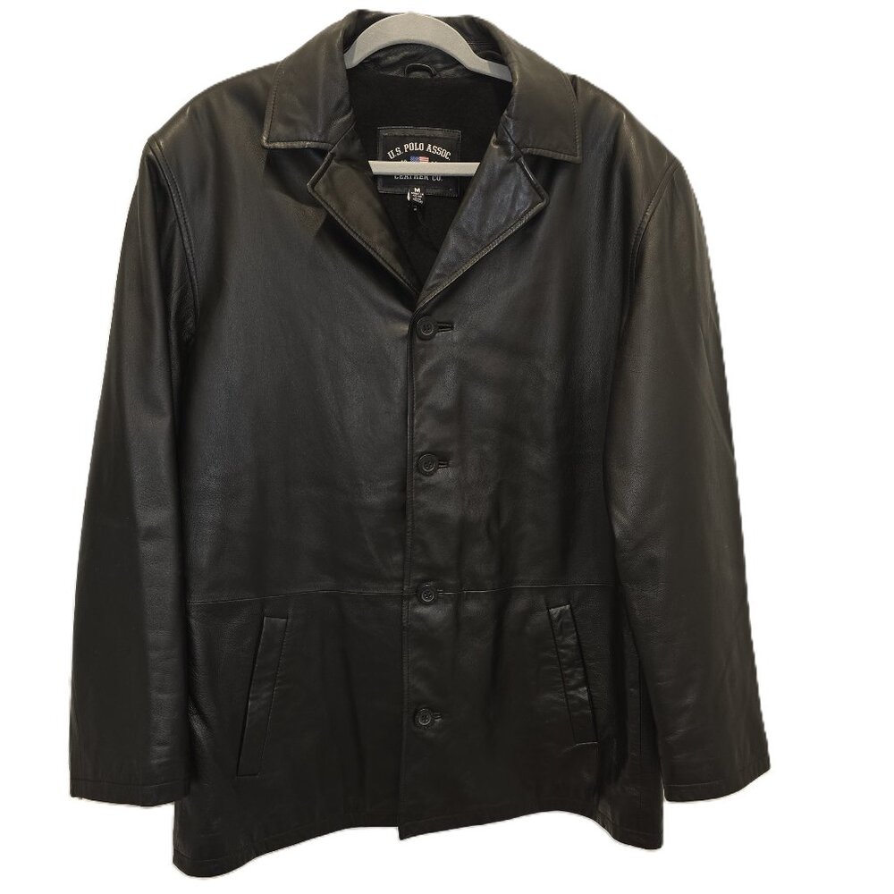 U.S. Polo Assn. Black Leather Jacket Men's Medium Outerwear Quilted Lining